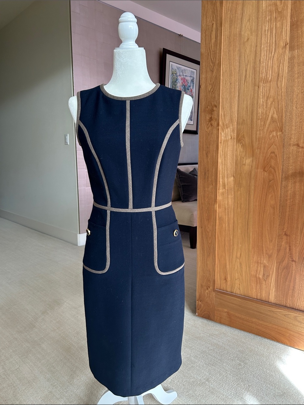 Tory Burch Navy Sheath Dress with Heather Beige Trim